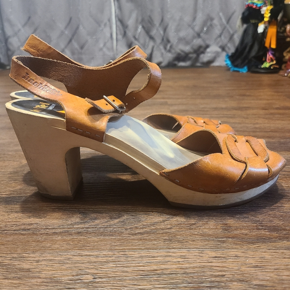 Swedish Hasbeens Brown Leather Clog Sandals 39 8.5